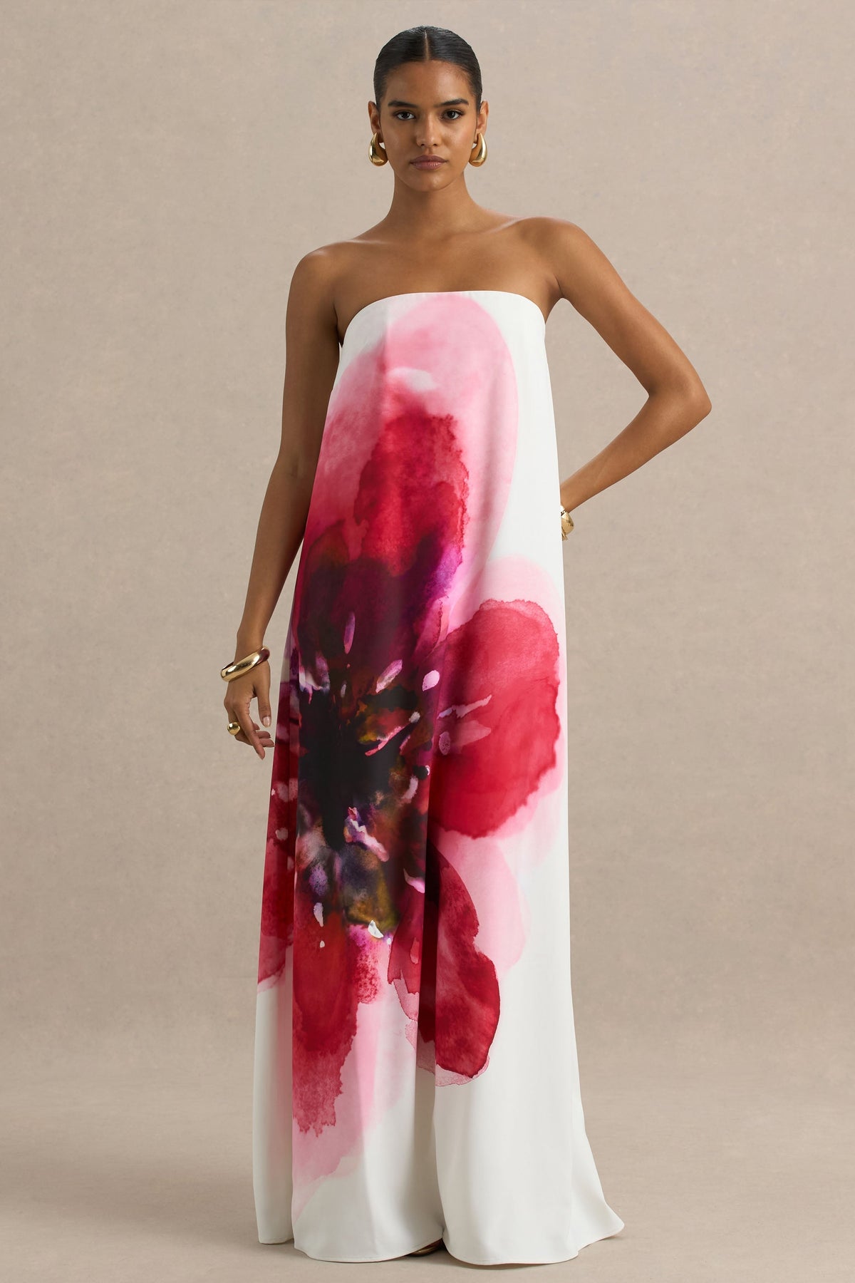 Breonna | Vestido Largo Rosa Fucsia Palabra de Honor con Estampado Floral