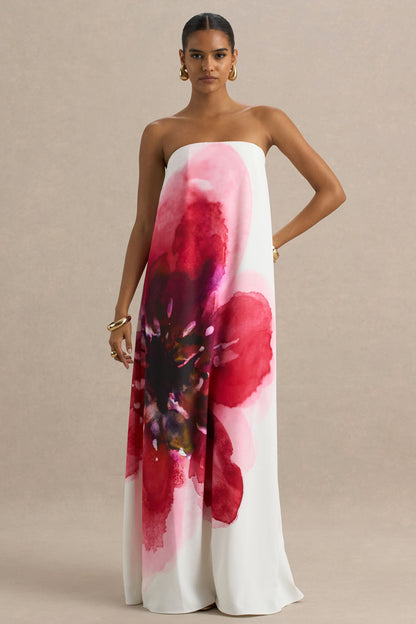 Breonna | Vestido Largo Rosa Fucsia Palabra de Honor con Estampado Floral