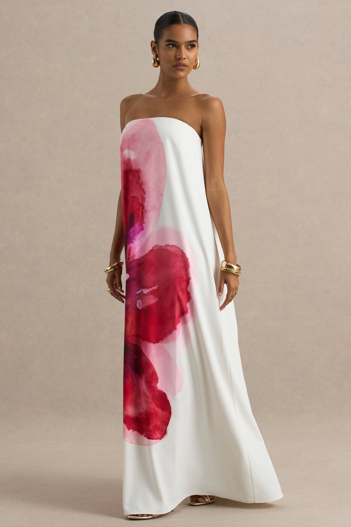 Breonna | Vestido Largo Rosa Fucsia Palabra de Honor con Estampado Floral