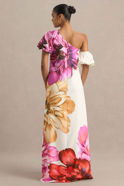 Anastasia | Vestido Largo Asimétrico Con Estampado Floral Grande y Detalle Fruncido