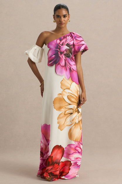 Anastasia | Vestido Largo Asimétrico Con Estampado Floral Grande y Detalle Fruncido