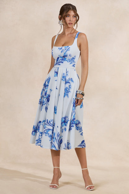 Lissa | Vestido Midi Azul Con Estampado Floral De Cuello Cuadrado