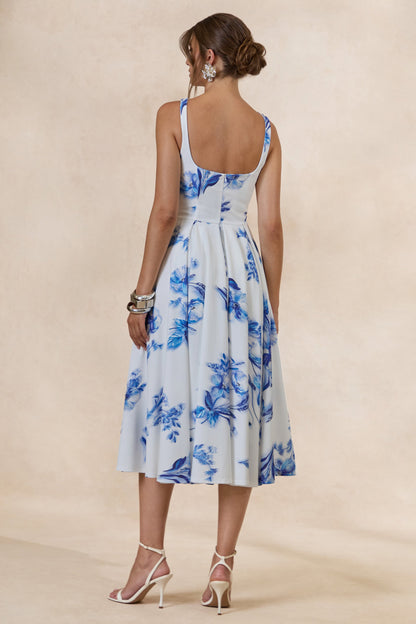 Lissa | Vestido Midi Azul Con Estampado Floral De Cuello Cuadrado