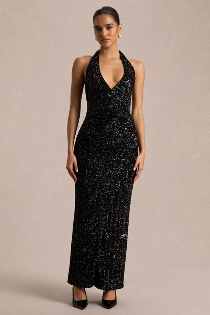 Gio | Vestido Midi de Lentejuelas Negras con Escote Pronunciado y Detalles Fruncidos