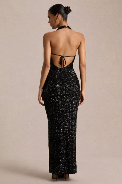Gio | Vestido Midi de Lentejuelas Negras con Escote Pronunciado y Detalles Fruncidos