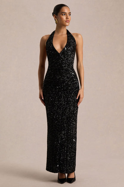 Gio | Vestido Midi de Lentejuelas Negras con Escote Pronunciado y Detalles Fruncidos