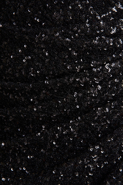 Gio | Vestido Midi de Lentejuelas Negras con Escote Pronunciado y Detalles Fruncidos