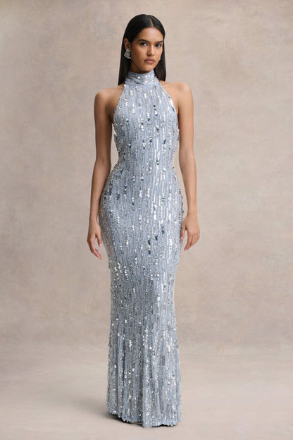 Zaira | Vestido Largo de Lentejuelas Plata con Escote Alto y Espalda Descubierta