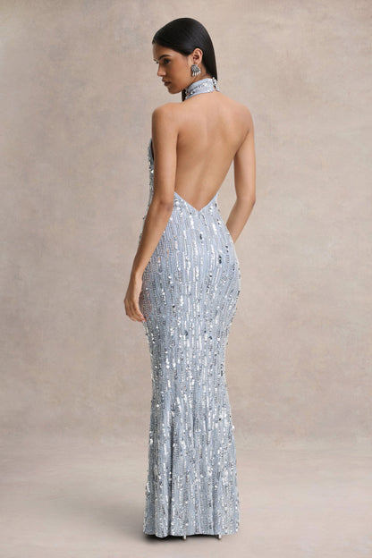 Zaira | Vestido Largo de Lentejuelas Plata con Escote Alto y Espalda Descubierta