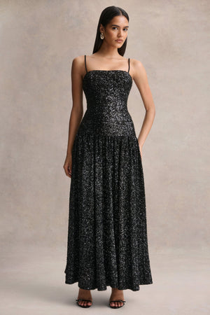 Allora | Vestido Largo negro de lentejuelas con escote bandeau y falda plisada