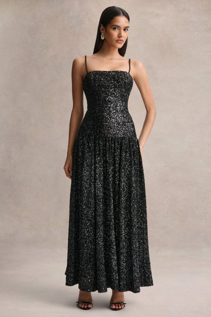 Allora | Vestido Largo negro de lentejuelas con escote bandeau y falda plisada