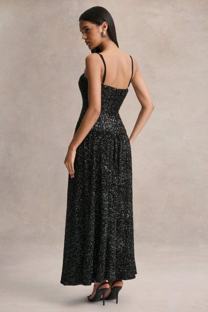 Allora | Vestido Largo negro de lentejuelas con escote bandeau y falda plisada