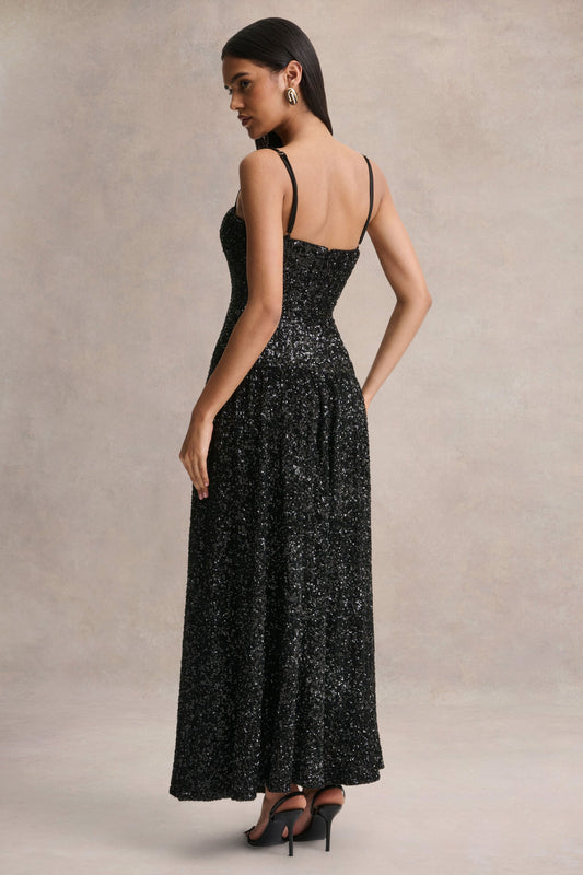 Allora | Vestido Largo negro de lentejuelas con escote bandeau y falda plisada