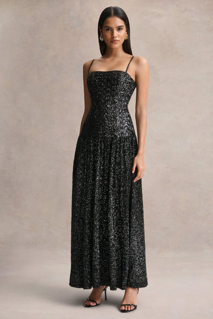 Allora | Vestido Largo negro de lentejuelas con escote bandeau y falda plisada