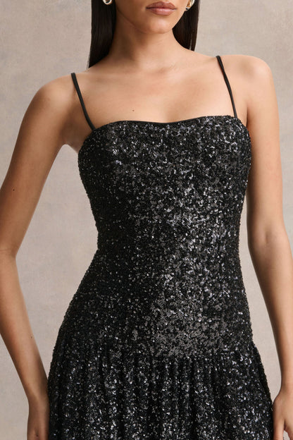Allora | Vestido Largo negro de lentejuelas con escote bandeau y falda plisada