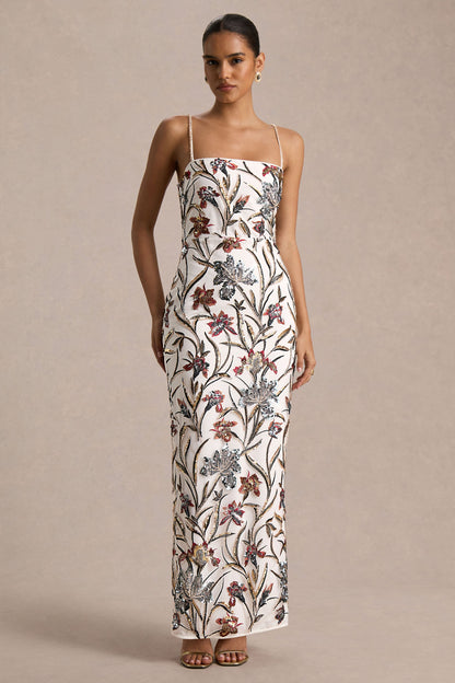 Kyle | Vestido Largo de Lentejuelas Crema con Adornos Florales y Escote Cuadrado
