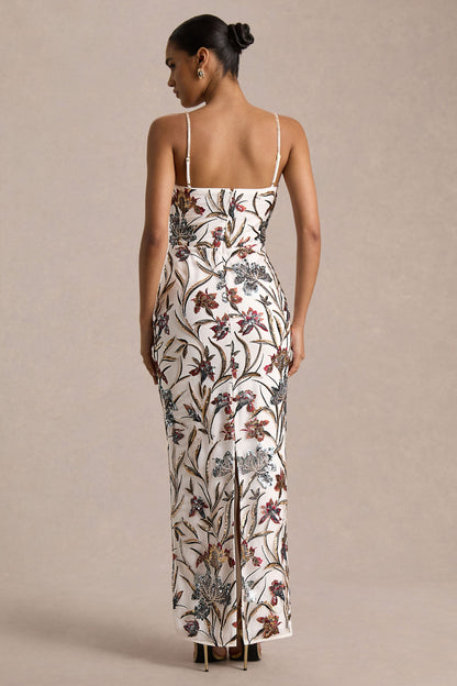 Kyle | Vestido Largo de Lentejuelas Crema con Adornos Florales y Escote Cuadrado