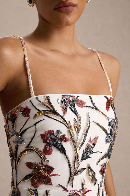 Kyle | Vestido Largo de Lentejuelas Crema con Adornos Florales y Escote Cuadrado