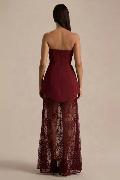 Brandi | Vestido largo burdeos bandeau con falda de encaje