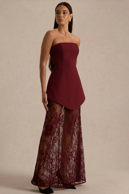 Brandi | Vestido largo burdeos bandeau con falda de encaje