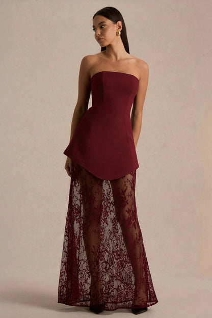 Brandi | Vestido largo burdeos bandeau con falda de encaje