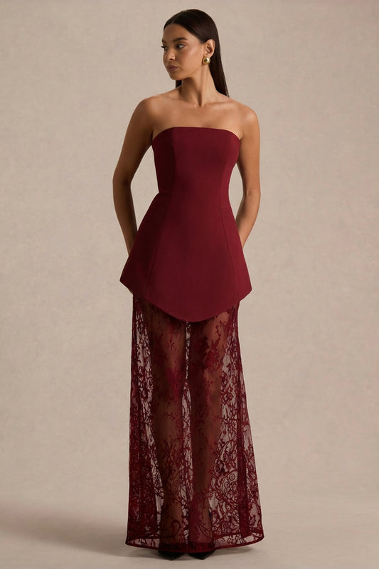 Brandi | Vestido largo burdeos bandeau con falda de encaje