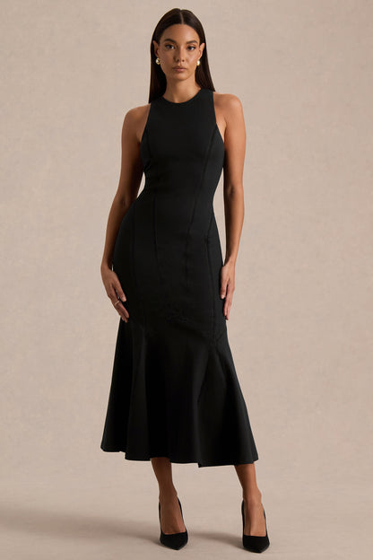 Sally | Vestido Midi Negro Con Cuello Redondo Y Talle Bajo