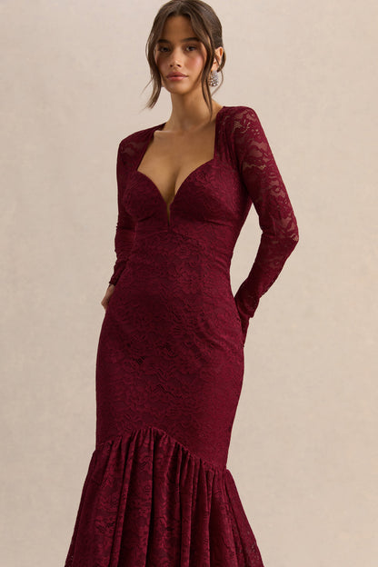 Camilly | Vestido Midi Sirena Burdeos de Encaje con Escote Profundo.