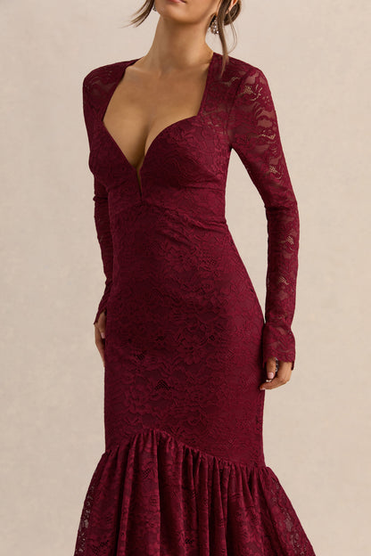 Camilly | Vestido Midi Sirena Burdeos de Encaje con Escote Profundo.