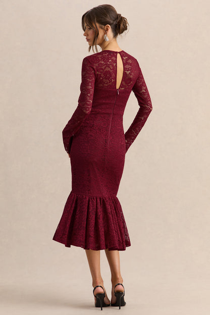 Camilly | Vestido Midi Sirena Burdeos de Encaje con Escote Profundo.