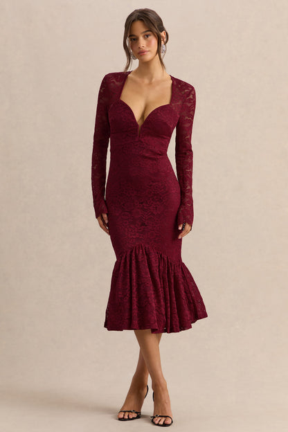 Camilly | Vestido Midi Sirena Burdeos de Encaje con Escote Profundo.