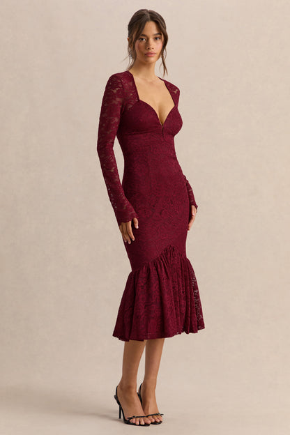 Camilly | Vestido Midi Sirena Burdeos de Encaje con Escote Profundo.