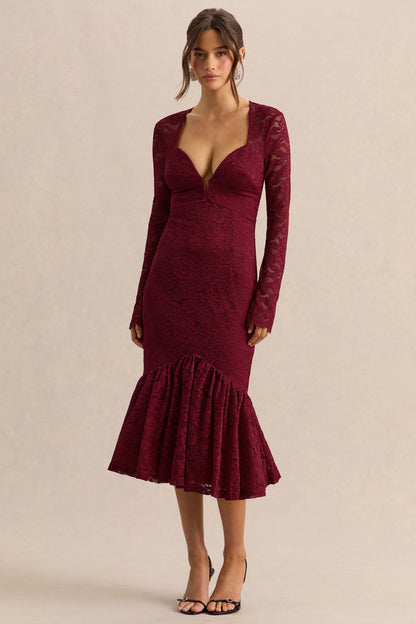 Camilly | Vestido Midi Sirena Burdeos de Encaje con Escote Profundo.