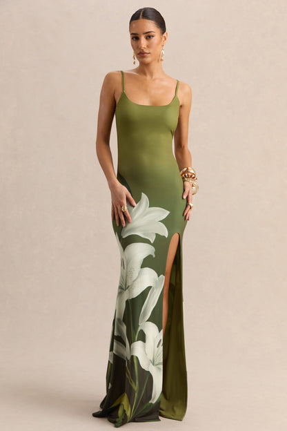 Yasmine | Vestido Largo Verde Oliva Con Estampado De Lirios, Cuello Cuadrado Y Abertura Delantera