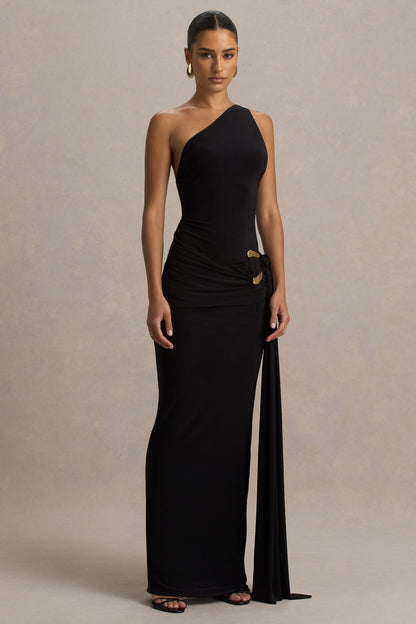 Bonnie | Vestido Largo Negro con Escote Asimétrico y Detalles Fruncidos