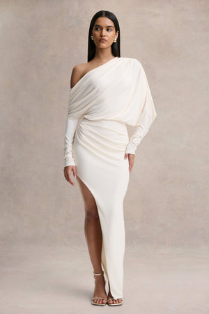 Olivia | Vestido Largo Crema de Escote Asimétrico con Detalle Fruncido y Abertura Frontal