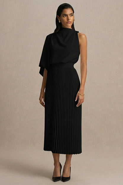 Jimena | Vestido Midi Negro De Manga Larga con Cuello Alto y Detalles Plisados
