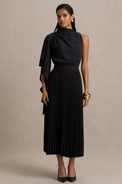 Jimena | Vestido Midi Negro De Manga Larga con Cuello Alto y Detalles Plisados