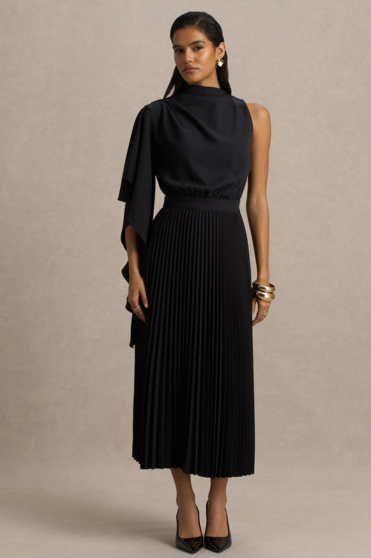 Jimena | Vestido Midi Negro De Manga Larga con Cuello Alto y Detalles Plisados