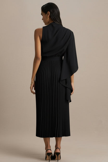 Jimena | Vestido Midi Negro De Manga Larga con Cuello Alto y Detalles Plisados