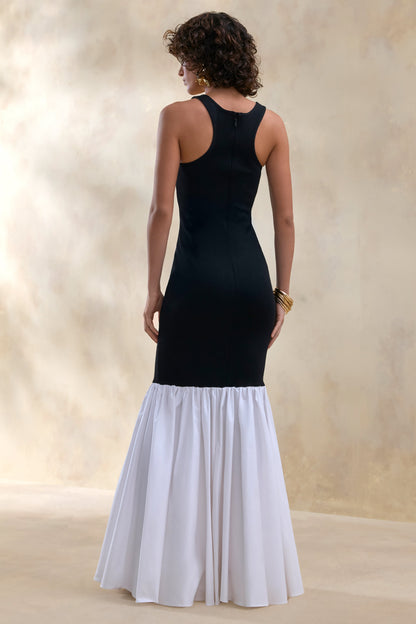 Lexi | Vestido Largo Negro Y Blanco De Jersey Acanalado Con Escote Cuadrado Y Bajo Sirena