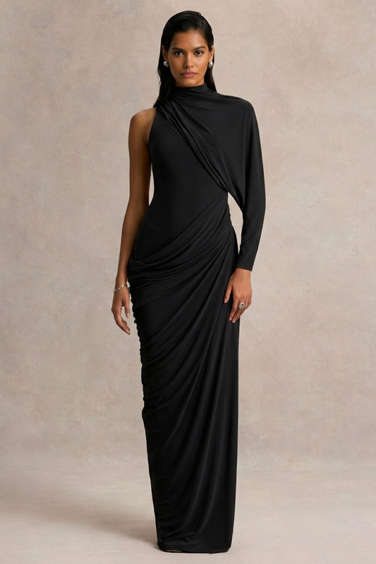 Aphra | Vestido Largo Negro con Cuello Alto y Manga Capa