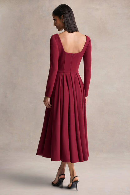 Alison | Vestido Midi Burdeos Con Cuello Cuadrado