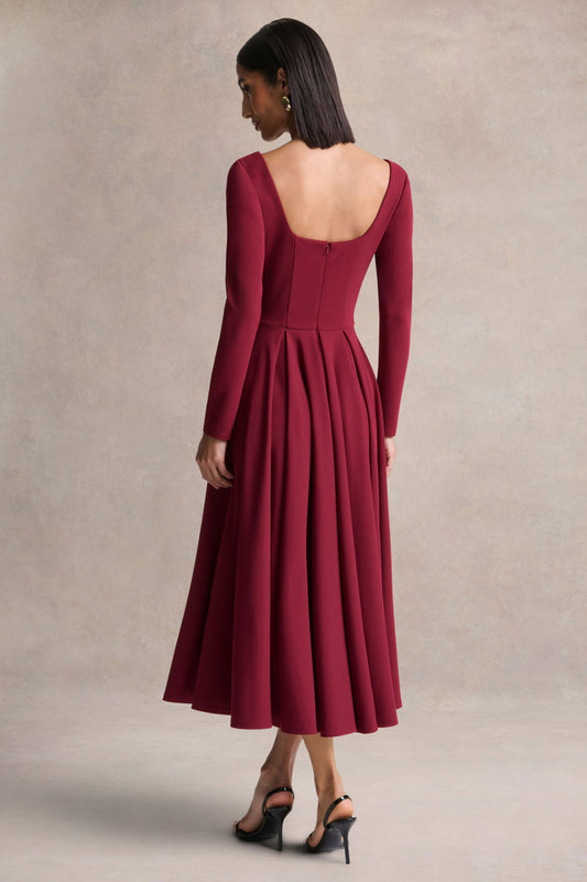 Alison | Vestido Midi Burdeos Con Cuello Cuadrado