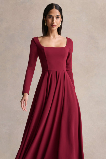 Alison | Vestido Midi Burdeos Con Cuello Cuadrado