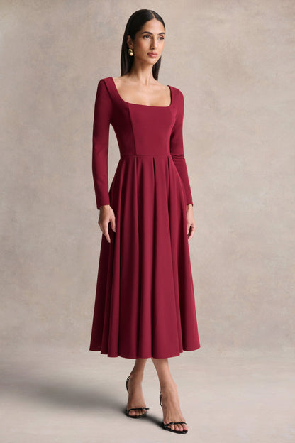 Alison | Vestido Midi Burdeos Con Cuello Cuadrado