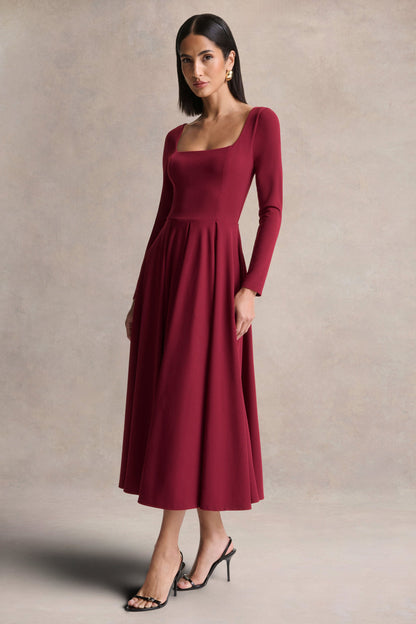 Alison | Vestido Midi Burdeos Con Cuello Cuadrado