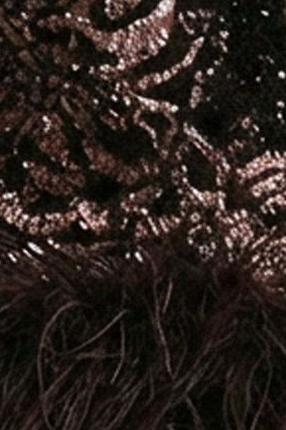 Stardust | Vestido Corto de Terciopelo Marrón con Lentejuelas, Cuello Redondo y Ribete de Plumas