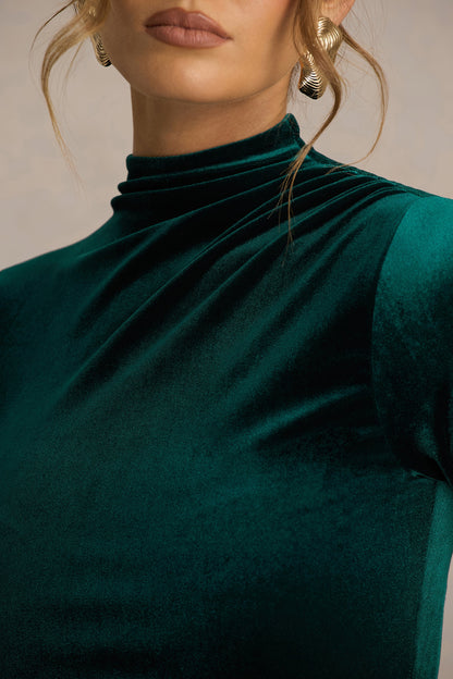 Wishes | Vestido Largo Verde Botella de Terciopelo con Escote Alto y Falda Cruzada