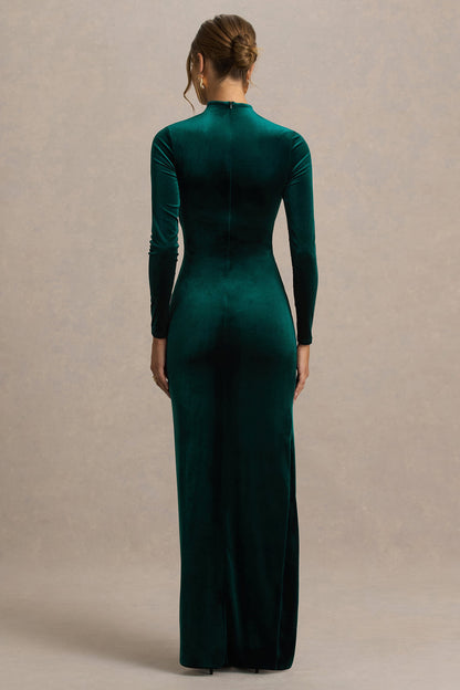 Wishes | Vestido Largo Verde Botella de Terciopelo con Escote Alto y Falda Cruzada